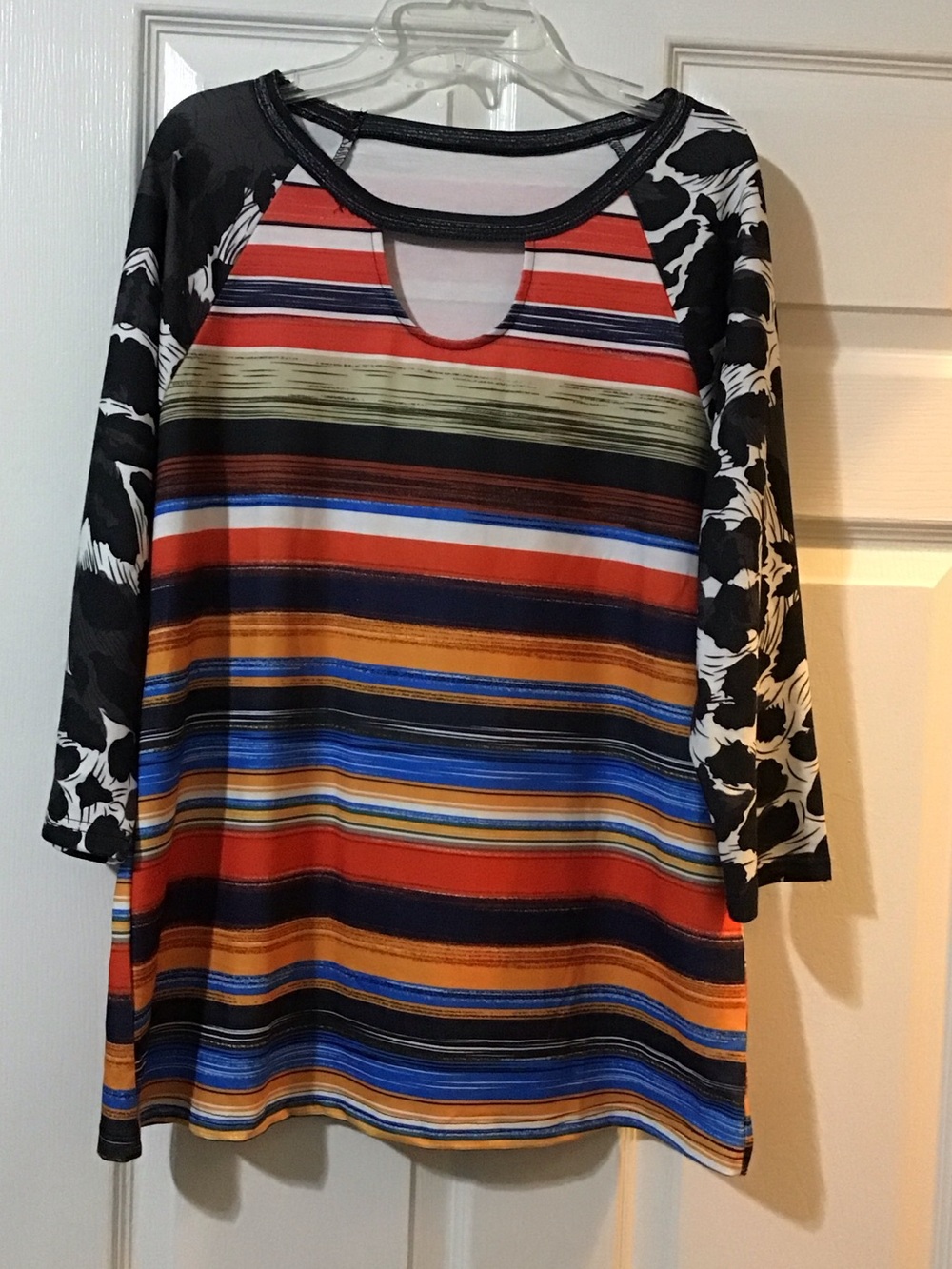 Women's Multicolor Striped Keyhole Raglan Top